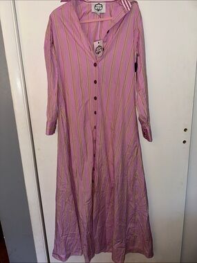 Pink Striped Button-Front Maxi Dress